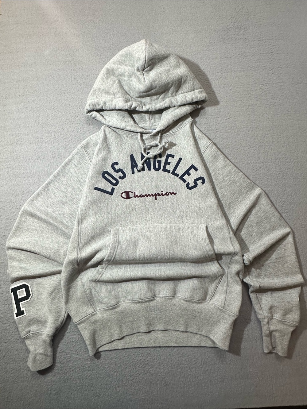 Vintage 19s Champion Los Angeles Light Gray Hoodie with Navy and Maroon Accents